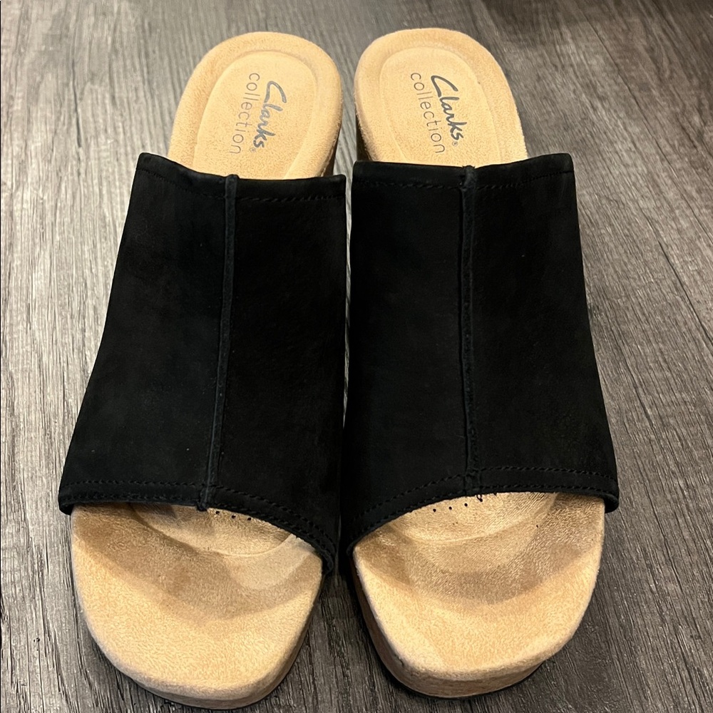 Clarks Black Suede Slide Sandals